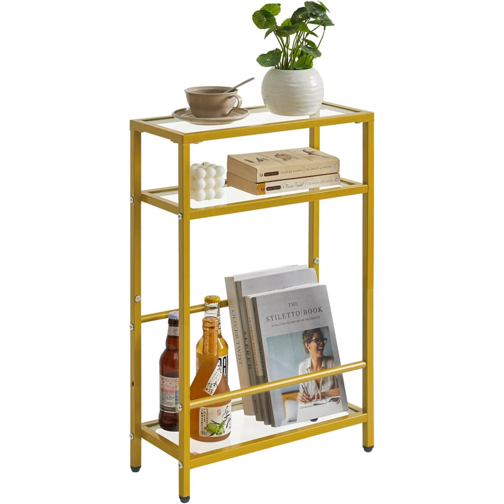 (Glass, Gold) Glass End Table for Small Space, Narrow Side Tables with Storage Shelf, Bedside Table Slim Nightstand with Magazine Holder