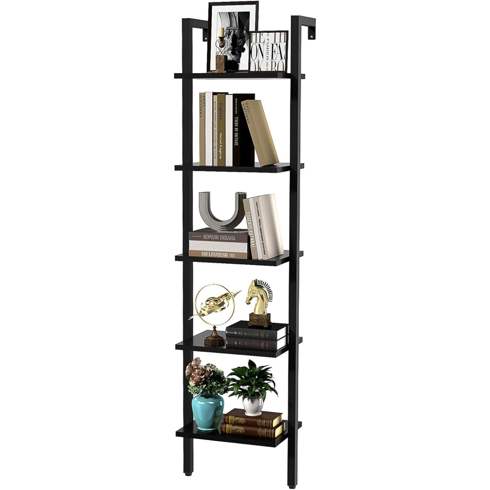 (Black) Bookshelf Wall Mounted, Ladder Shelf, 5-Tier Bookcase Rack, Storage Unit with Metal Frame, Industrial Floating Wall Shelf for Living Room, Kitchen,