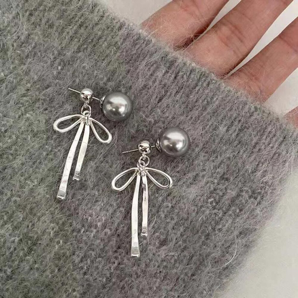 (grey) Imitation Pearl Stud Earrings For Women Temperament Bow Tassel Dangle Earring Korean Trendy Aesthetic Design Wedding Ear Jewelry