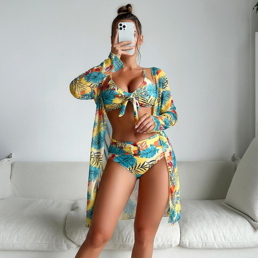 (yellow, XL) Swimsuit Women&apos;s Split Three Piece Set High Waist Long Sleeve Ins Overshirt Drawstring Printed Bikini Suits
