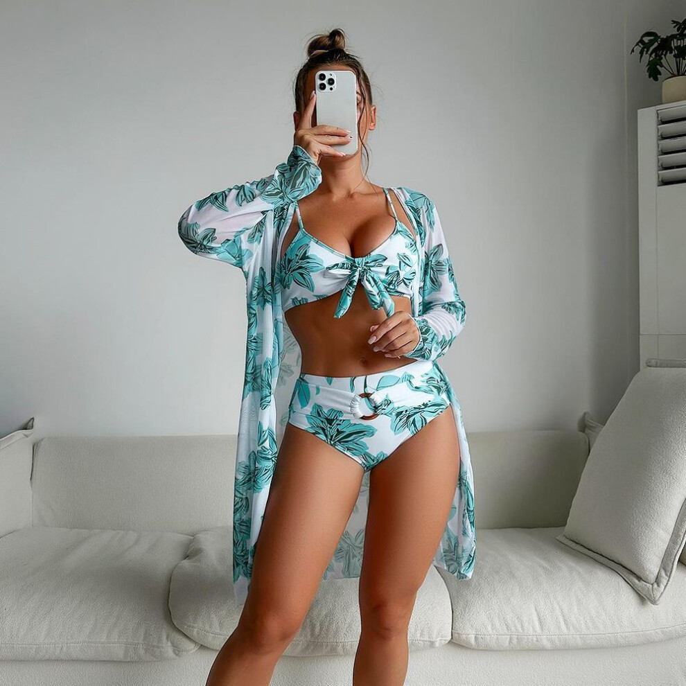 (white, L) Swimsuit Women&apos;s Split Three Piece Set High Waist Long Sleeve Ins Overshirt Drawstring Printed Bikini Suits