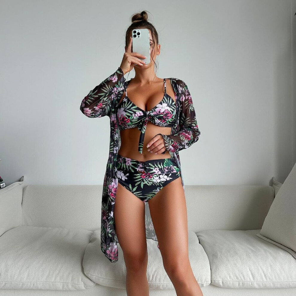 (red, L) Swimsuit Women&apos;s Split Three Piece Set High Waist Long Sleeve Ins Overshirt Drawstring Printed Bikini Suits
