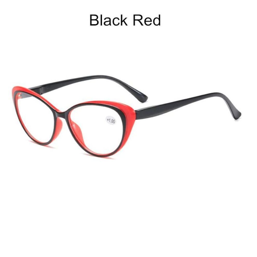 (black,red, +2.0) Cat Eye Reading Glasses for Hyperopia