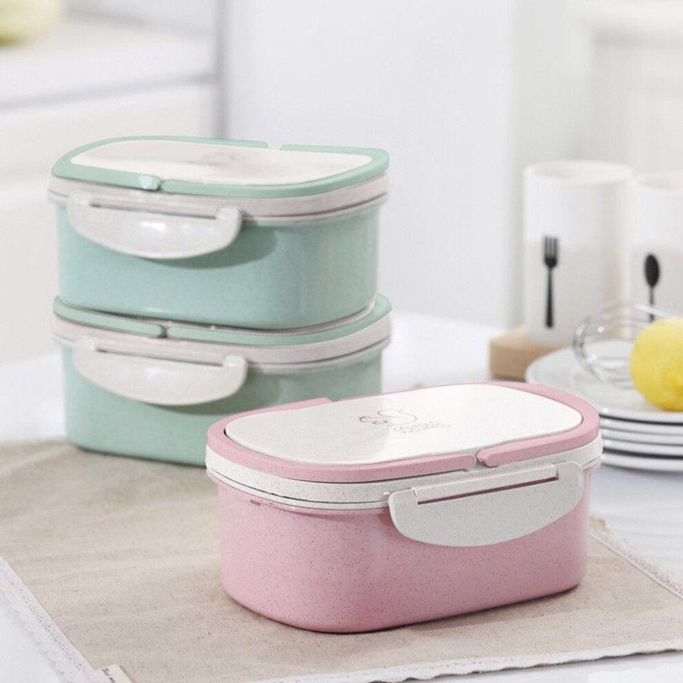 (pink) Lunch Box Portable Picnic Wheat Straw Microwave Bento Food Snack Fruit Storage Container
