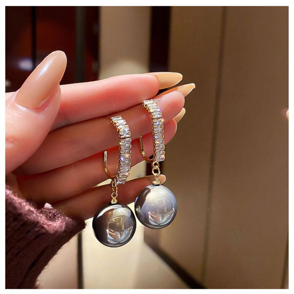 (grey) New Fashion Korean Bling Pearl Drop Dangle Earrings For Women Girls Luxury Shinying Zircon Wedding Earrings Jewelry Gift
