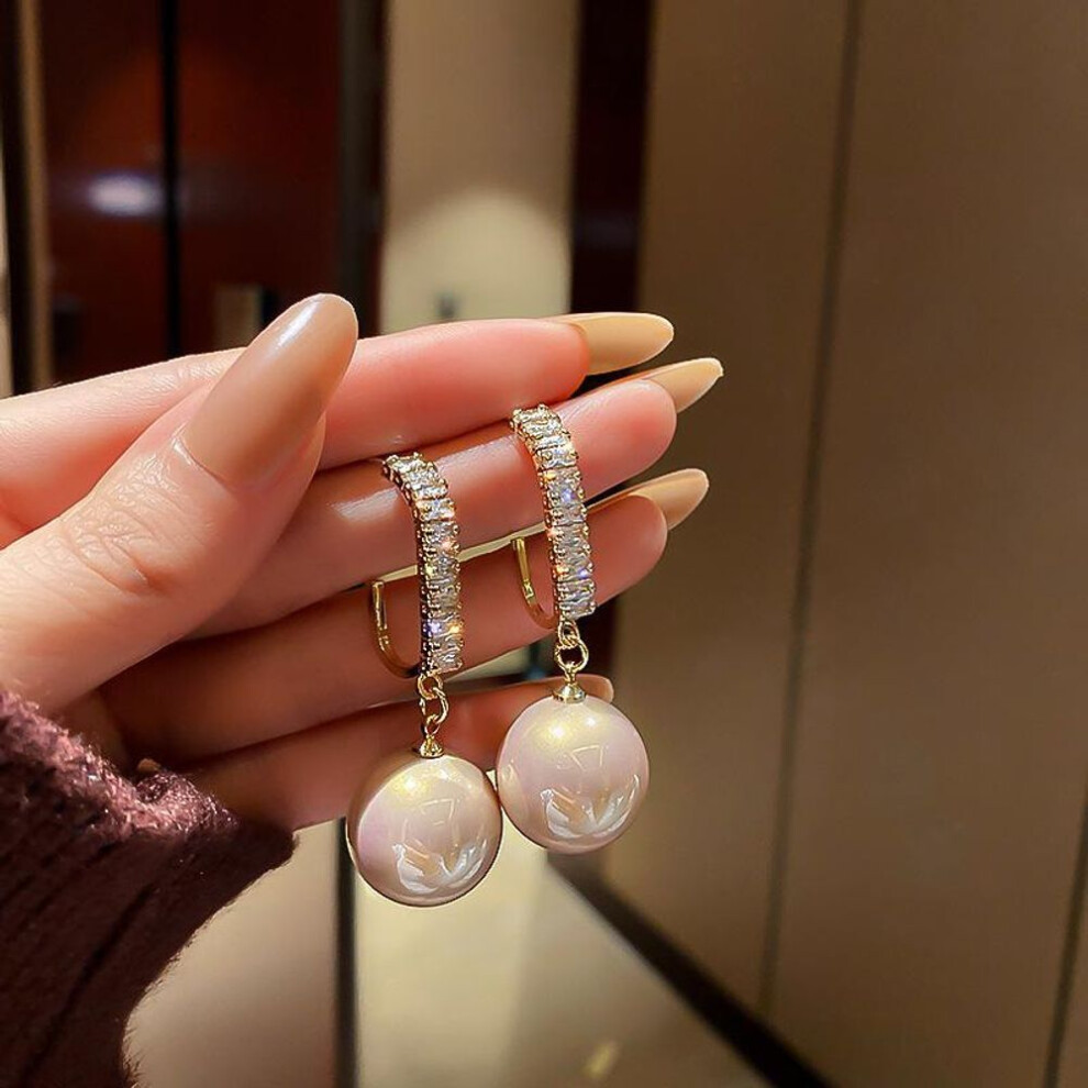 (pink) New Fashion Korean Bling Pearl Drop Dangle Earrings For Women Girls Luxury Shinying Zircon Wedding Earrings Jewelry Gift