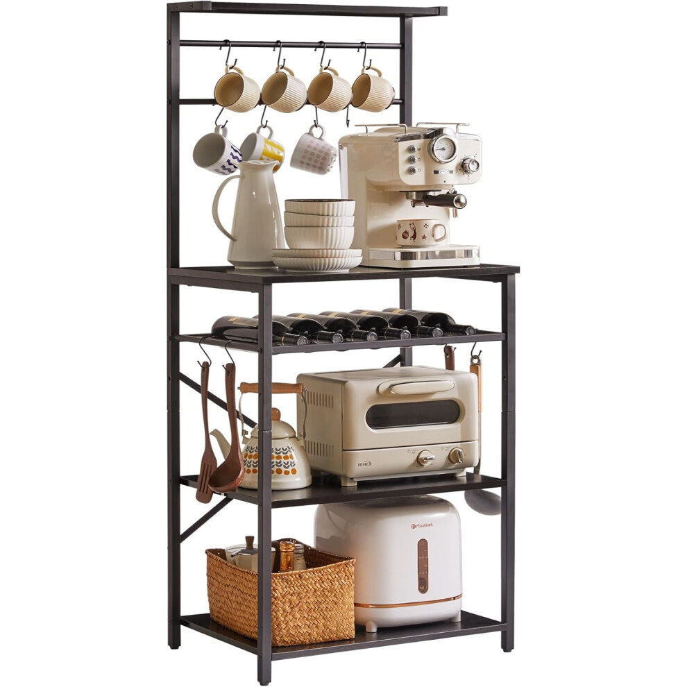 (59 x 40 x 143CM, Black) Kitchen Baker's Rack, Microwave Oven Stand with Storage Shelves, Industrial Coffee Bar Station, with Adjustable Wine Holders and S-Hooks,