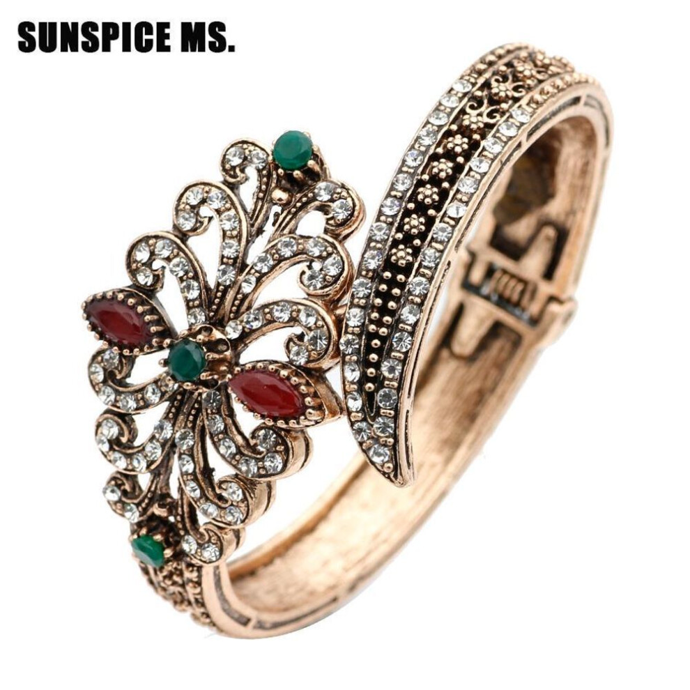 (green) Retro Vintage Turkish Women Flower Bangle Antique Gold Color Spring Cuff Bracelets Indian Gray Stone Wedding Jewelry 5.0