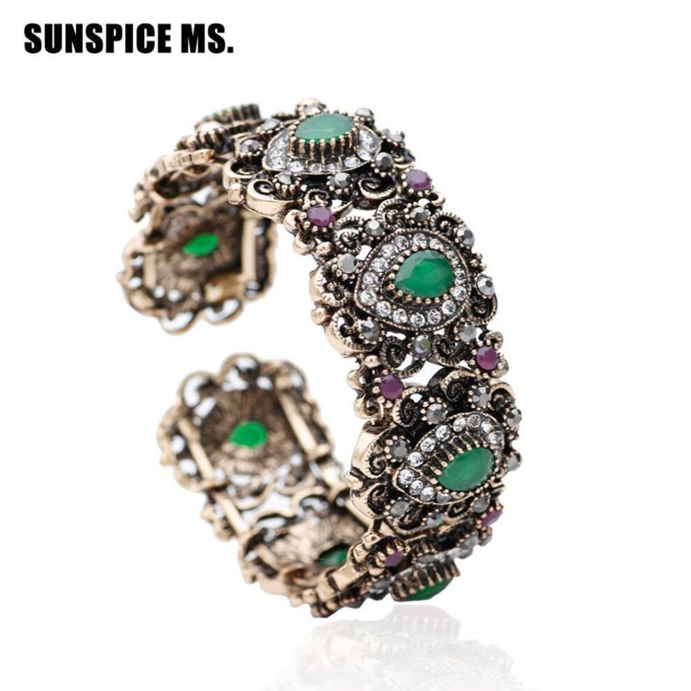 (green) Turkish Women Flower Vintage Bangle Cuff Antique Gold Color Open Elastic Adjust Size Bracelet