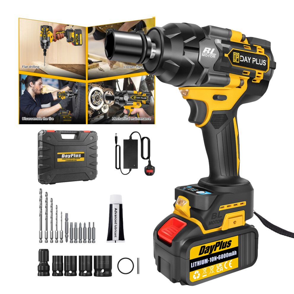 (With 1 Battery) Cordless Impact Wrench 1/2" 800Nm Brushless 2-Speed Impact Modes Heavy-Duty Case Includes Drill Bit Accessory Kit
