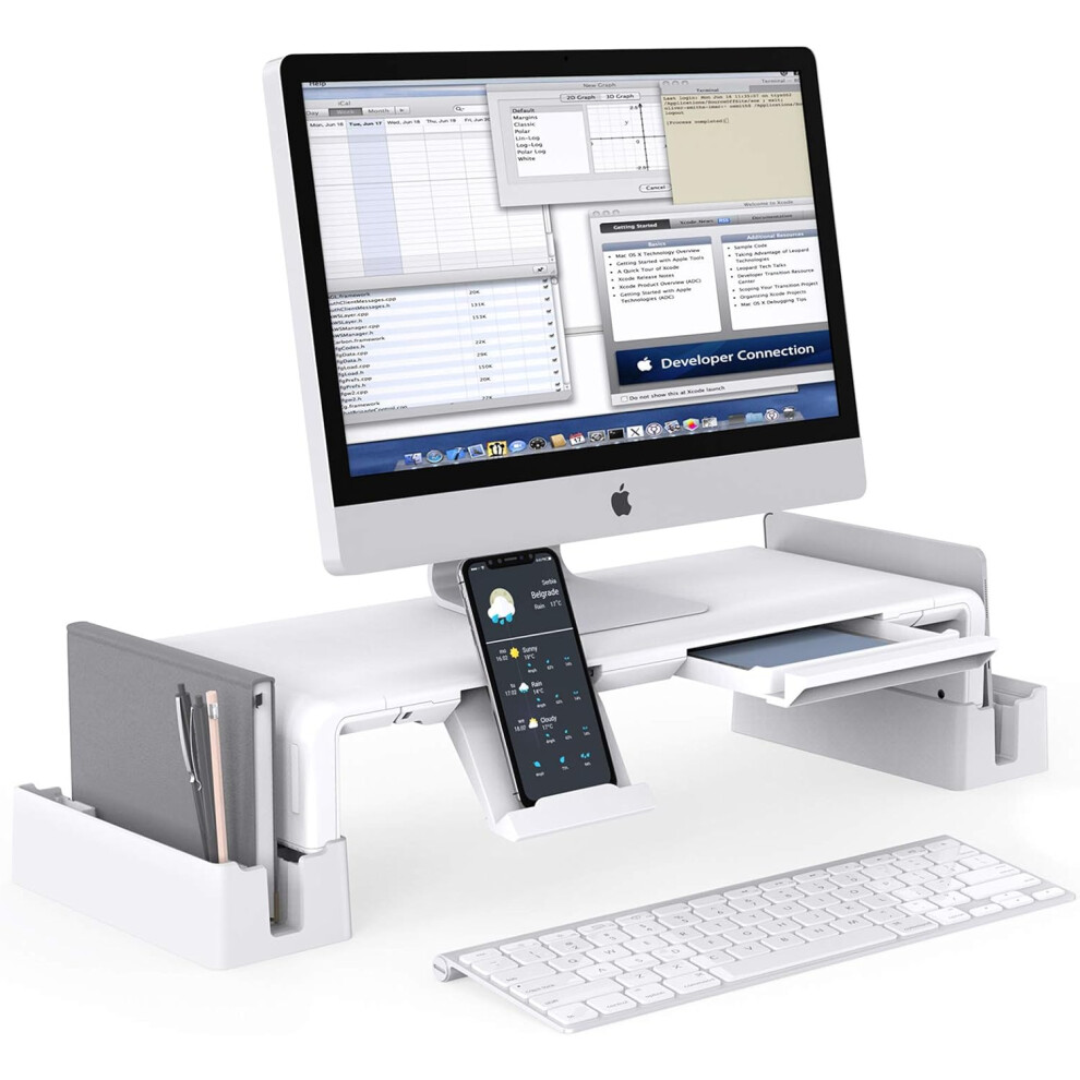 (White) Monitor Stand with Storage Functions,Height Adjustable Screen Riser With Pull-Out Drawer Phone Stand 2 Extra Storage Racks