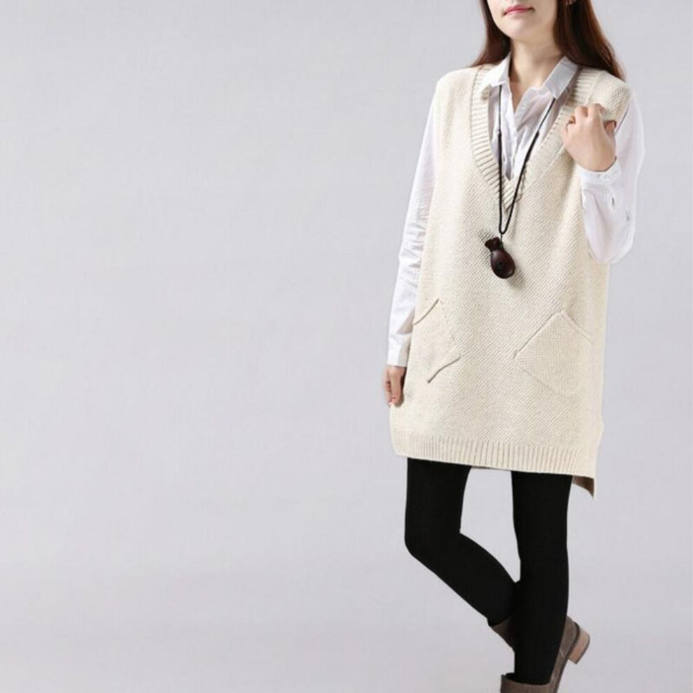 (beige, One Size) 2022 Women Sweater Spring Autumn New Korean Women&apos;s V-neck Knit Long A-shaped Pocket Vest Pullover Sleeveless