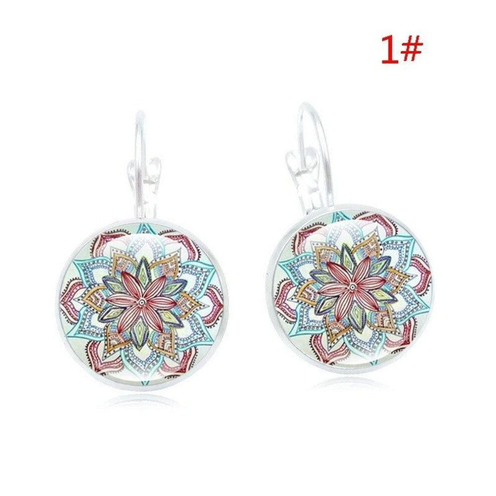 (silver) Vintage 1 Pair Women Alloy Glass Round Flower Ear Stud Pierced Earrings Jewelry