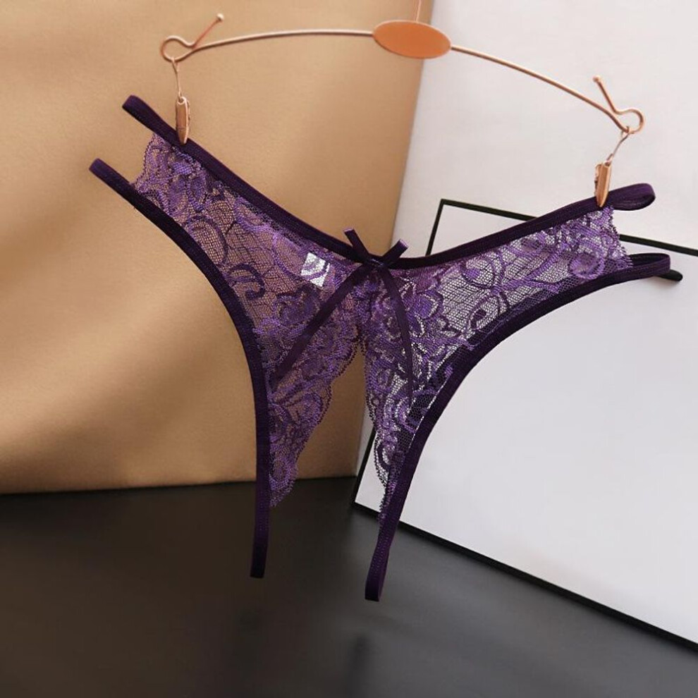 (purple) Sexy Lingerie Women&apos;s Sexual Panties Crotchless Opening Transparent G-strings Thongs Bow Underwear For Women Lace Erotic Panties