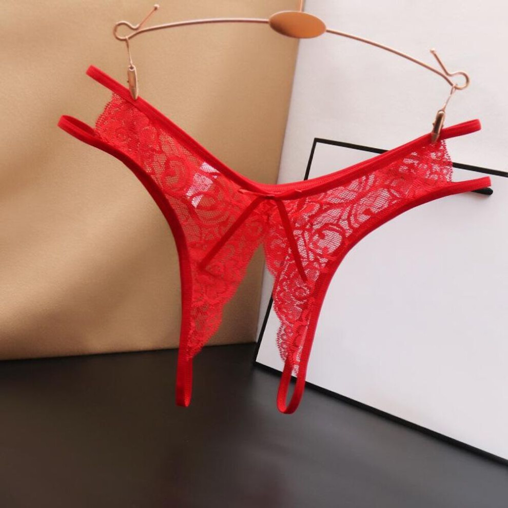 (red) Sexy Lingerie Women&apos;s Sexual Panties Crotchless Opening Transparent G-strings Thongs Bow Underwear For Women Lace Erotic Panties