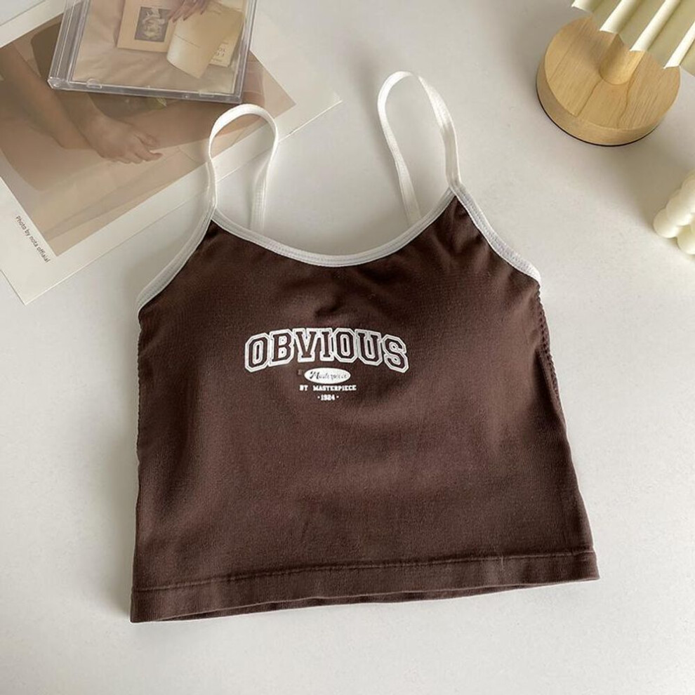 (brown, one size) Women With Padded Bra Crop Tops O-neck Solid Crop Tops 2023 Summer Letter Printing Tops Spaghetti Camisole