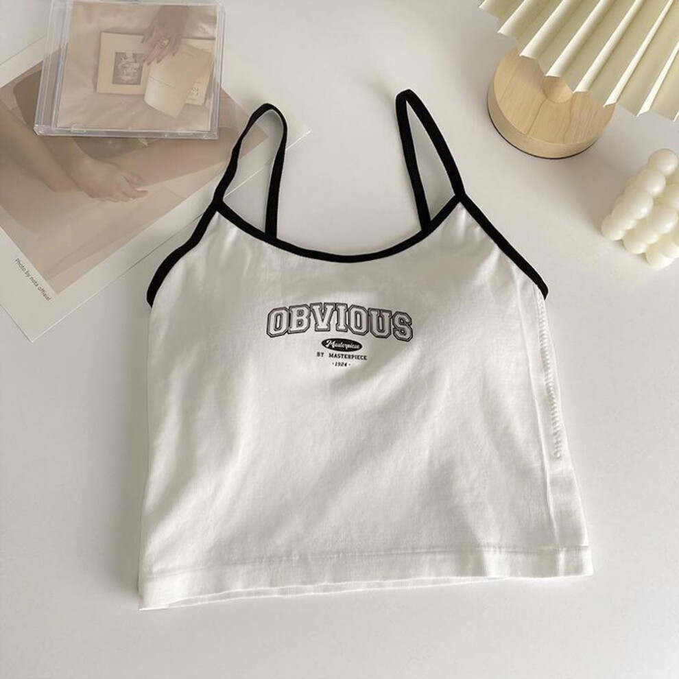 (white, one size) Women With Padded Bra Crop Tops O-neck Solid Crop Tops 2023 Summer Letter Printing Tops Spaghetti Camisole