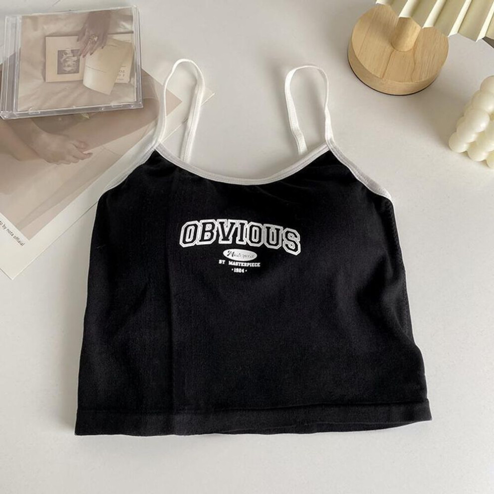 (black, one size) Women With Padded Bra Crop Tops O-neck Solid Crop Tops 2023 Summer Letter Printing Tops Spaghetti Camisole