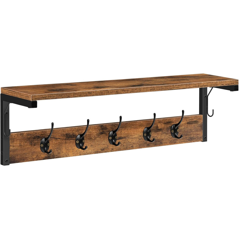 (Rustic Brown, Black) Coat Rack Shelf Wall-Mounted, Coat Hook with 7 Hooks and Shelf, 70 cm Hallway Coat Rack, Wall Floating Shelf with Hat Rack, for Bathroom, Kitchen,