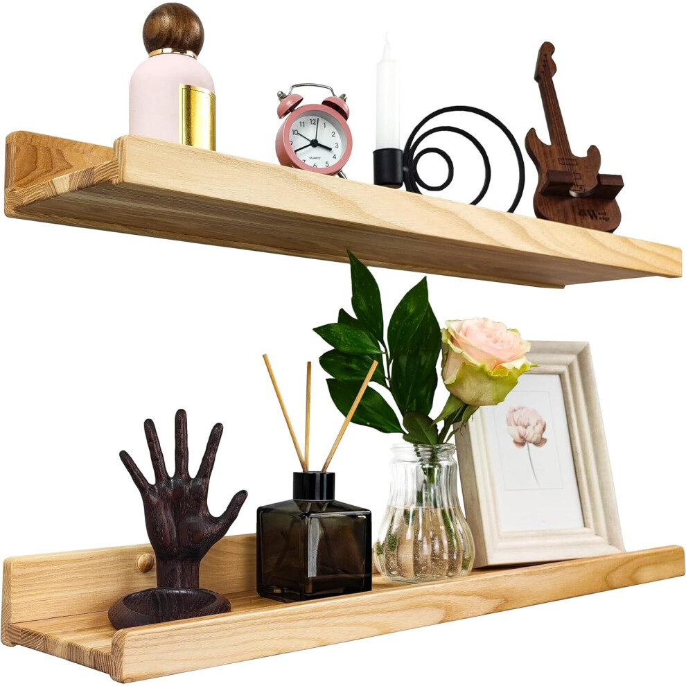 (24in set 2, Natural) Handcrafted Floating Shelves for Wall 60cm, Waterproof Wall Storage Shelves with Lip, Display Picture Ledge Shelf for Living Room Photo Frame