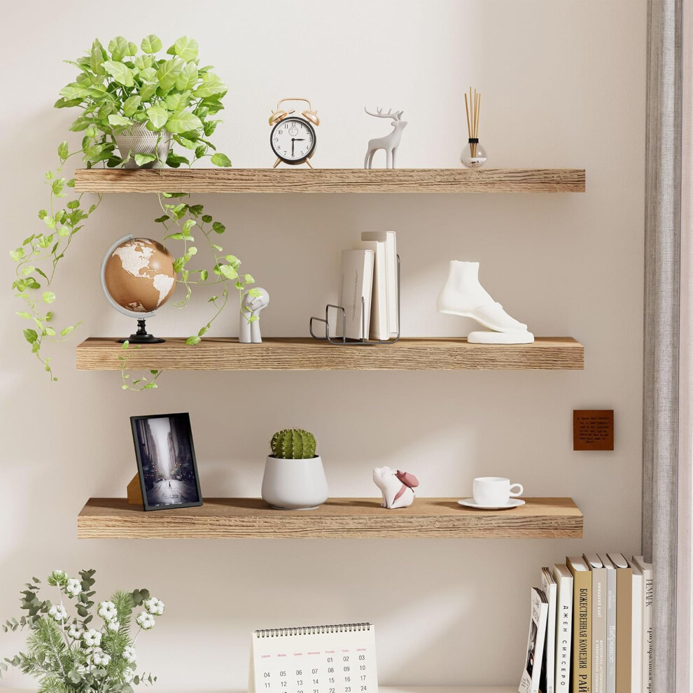 (60x20x2.5cm) Wood Floating Shelves Set of 3, Decorative Floating Shelf Length 60 cm, Wall Display Racks with Invisible Brackets for Bedroom,
