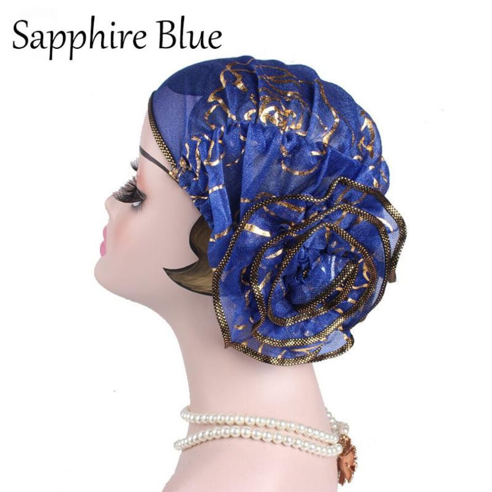 (sapphire blue) 1pc Elegant Women Flower Elastic Mesh Turban Chemo Cap Muslim Beanie Head Wrap
