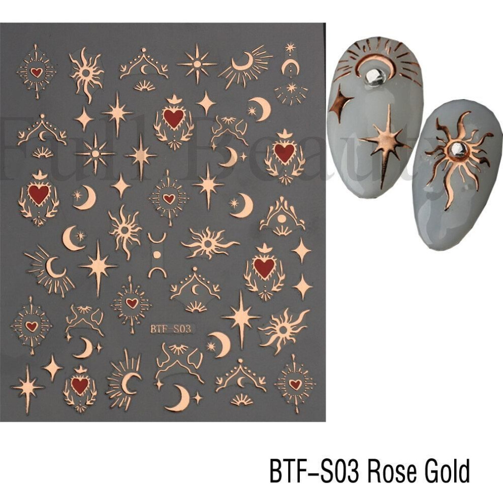 (rose gold) Bronzing Heart Stickers For Nails Gold Sliver Laser Butterfly Star Moon Adhesive Sliders Diy Nail Art Accessories Deco Glbtf-s