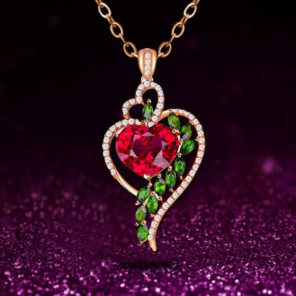 (rose gold) Luxury Diamond Ruby Peach Heart Drop Pendant Necklace Sweater Chain Mother&apos;s Day Birthday Anniversary Jewelry Gift