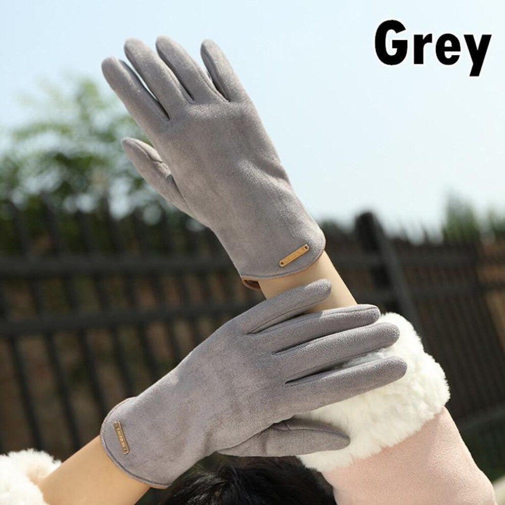 (grey) Korean Version Of Winter Cute Suede Plus Velvet Warmth Riding Skiing Solid Color Gloves