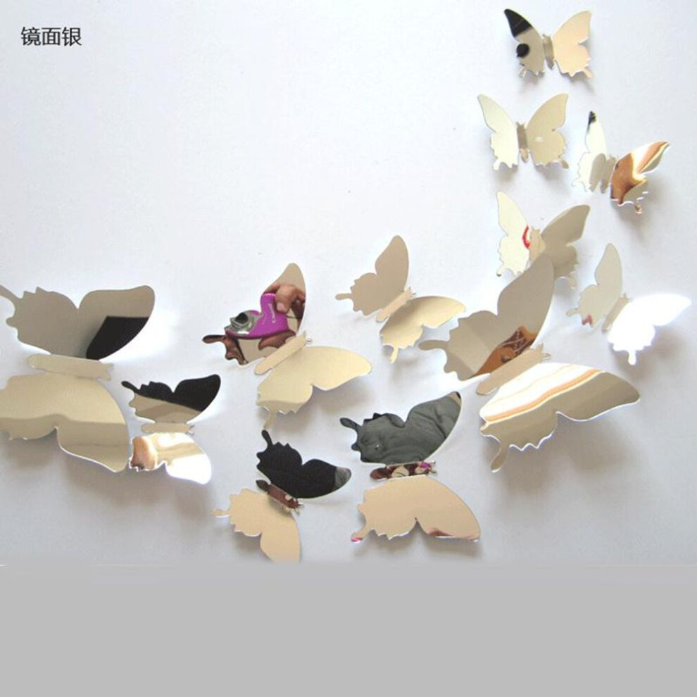 (silver) 12Pcs/Set Modern 3D Mirror Acrylic Butterfly Home Decoration DIY Art Wall Stickers