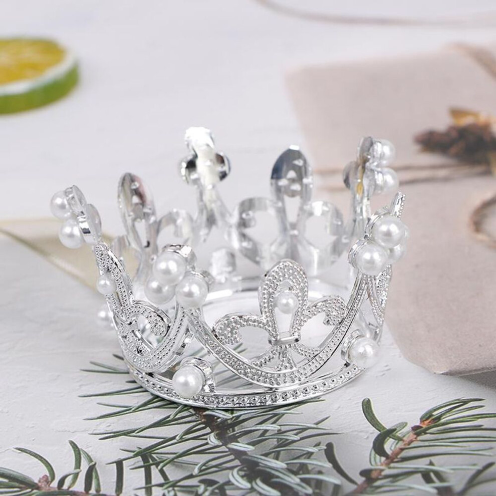 (silver) 1PC Latest Crystal Pearl Tiara Children Hair Ornaments Versatile Mini Crown Cake Topper