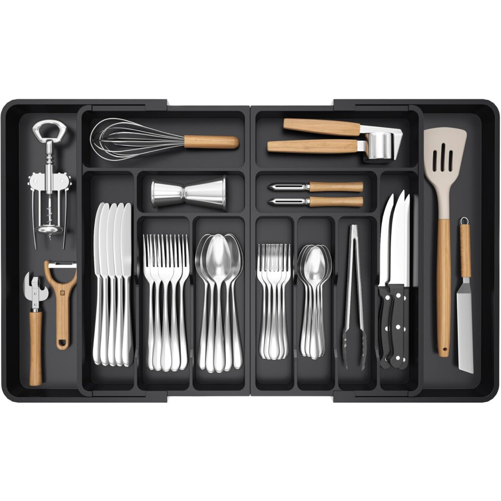 (Black) Extra Large Cutlery Drawer Organizer Expands to 36 Inch Kitchen Utensil Tray Adjustable Silverware and Cutlery Rack