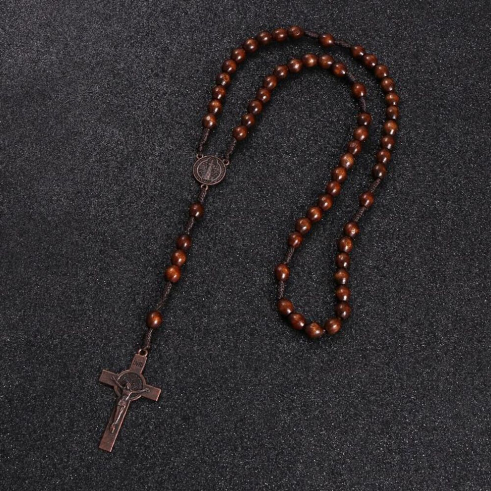 Christ Jesus Wooden Beads 8mm Rosary Bead Cross Pendant Woven Rope Chain Necklace Religious Orthodox Praying  Jewelry