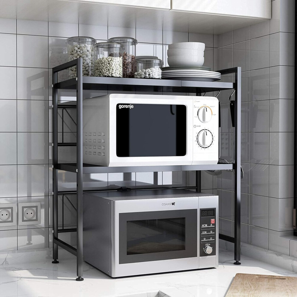 (3 Tier, Black) 3 Tier Extendable Microwave Oven Rack Shelf with 3 Hanging Hooks Microwave Stand with Storage for Kitchen Counter Organiser Printer Stand (Black)