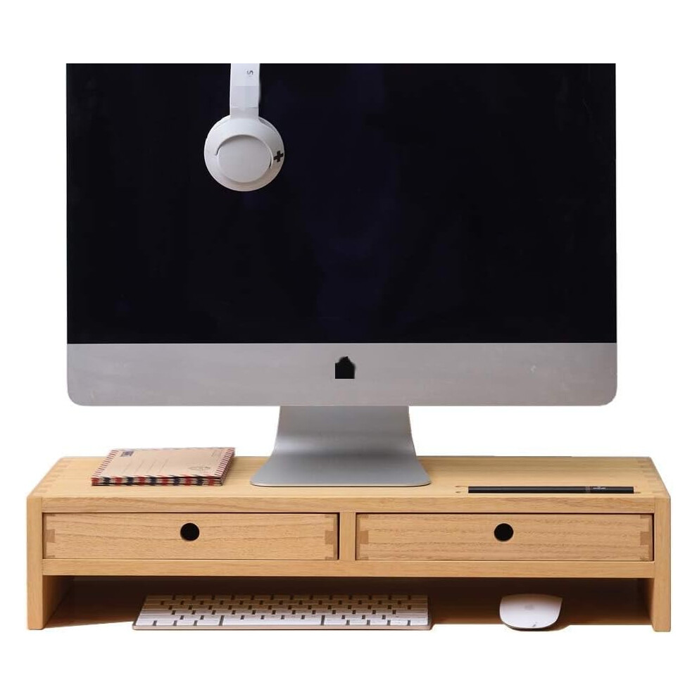 (60cm, Natural) Wood Monitor Stand with 2 Drawers Computer Arm Riser Desk Storage Organizer, TV Laptop Printer Stand,2-Tier Desktop Shelf Natural