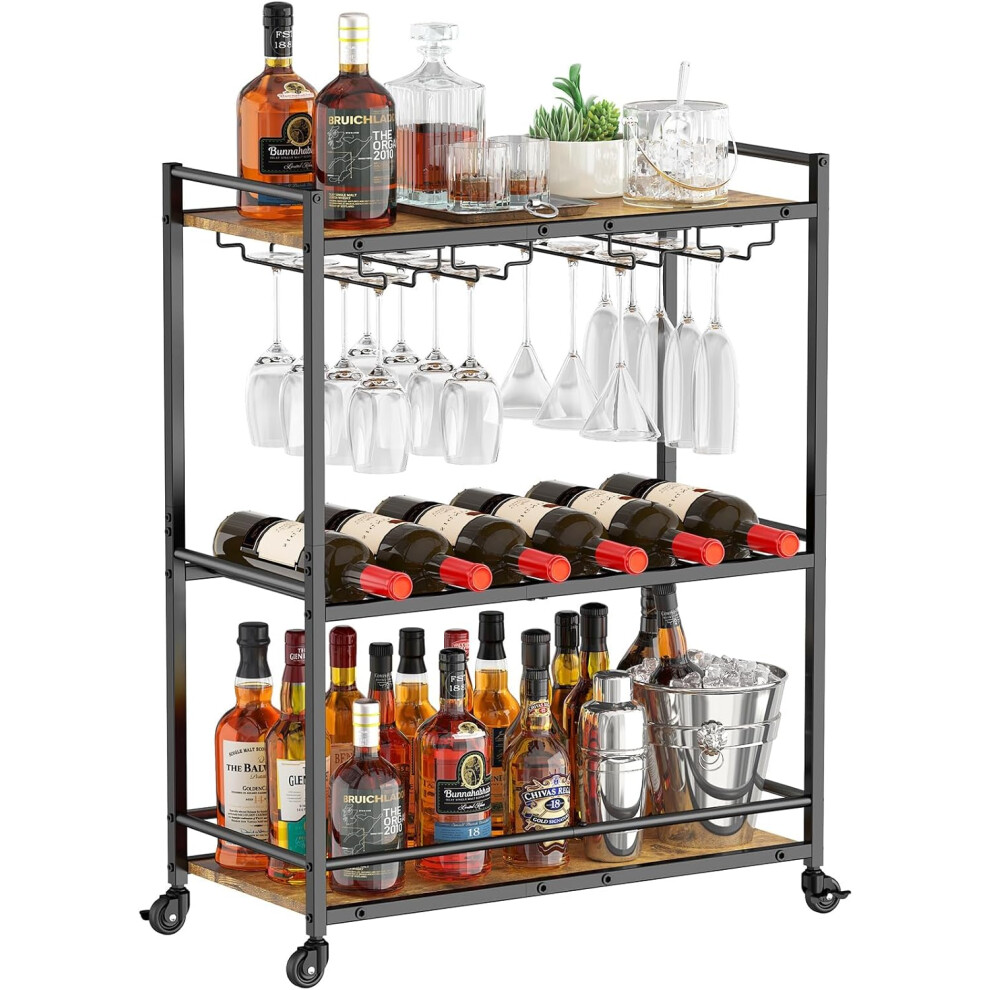 (63*30*81.5cm, Black) 3 Tier Bar Cart with Lockable Wheels, Wine Rack and Glass Holders, Serving Cocktail Alcohol Trolley for Kitchen Dining Living Room