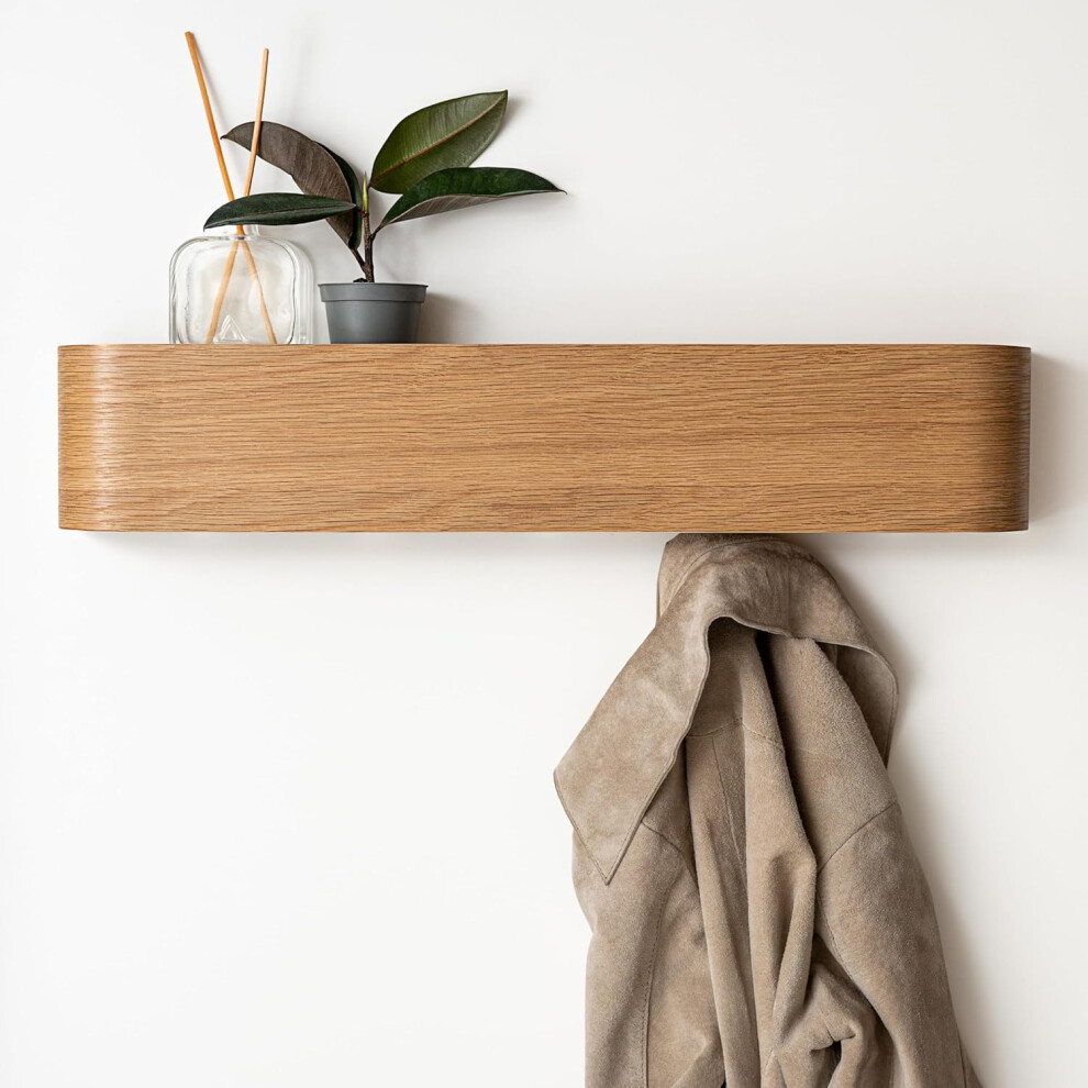 (5 Hooks, Oak) Wall-Mounted Coat Rack 'Toke' | Modern Design Coat Rack with Hidden Wall Hooks | Solid Wood Veneer Panel Coat Hanger | Oak