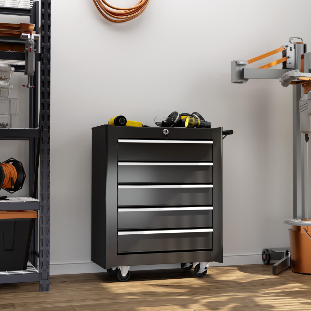 HOMCOM 5-Drawer Tool Chest Steel Lockable Tool Storage Cabinet w/ Wheels Black