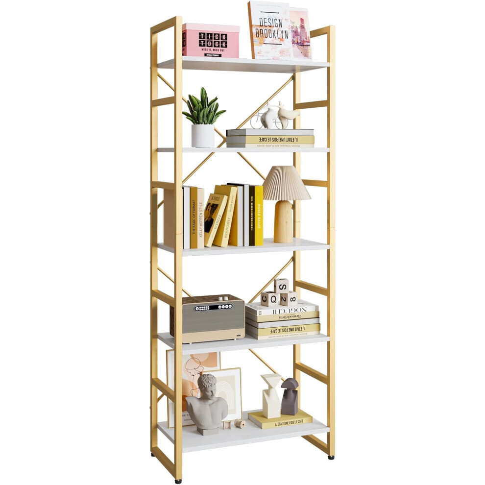 (Gold) 5 Tier Bookshelf, Standing Bookcase with 2 X-shape Frame,Adjustable Leg pads, Industrial Storage Rack for Office, Living Room (Gold)