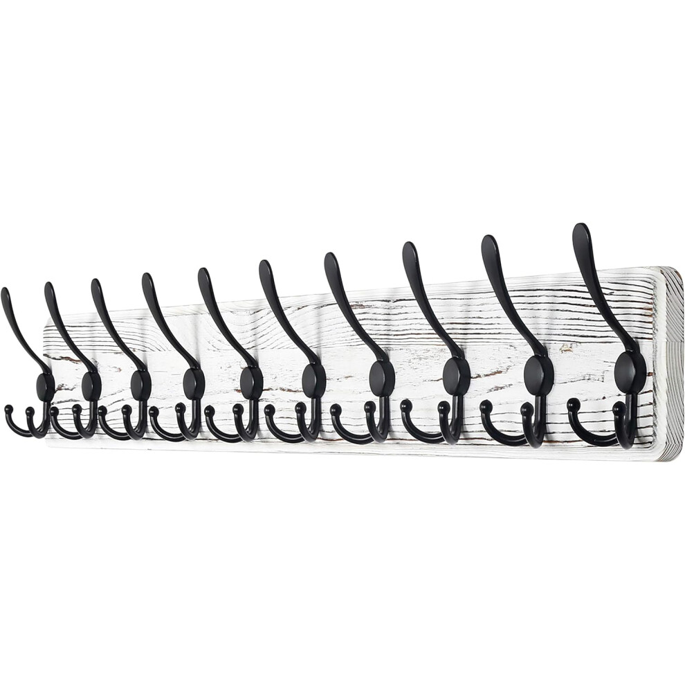 (L=97cm(1pcs), White & Black) Coat Rack Wall Mount - 97cm Long, Patented,  10-Tri-Hooks, Shabby Chic Wooden Wall Coat Hanger Hook Rail for Winter Coats Hat Jacket Clothing