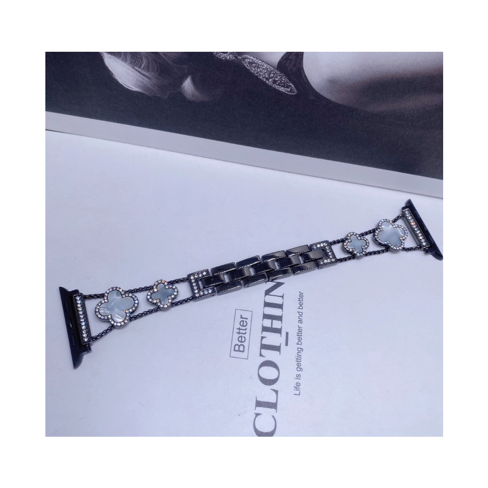 Photos - Watch Strap  For Apple Watch1-8 Fashionable Diamond Inlaid Four-Leaf Clover Metal (Black+White, 42/44/45MM)