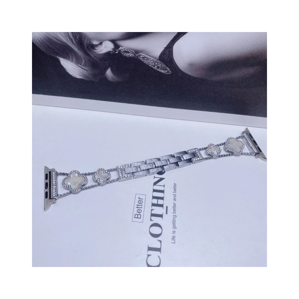 Photos - Watch Strap  For Apple Watch1-8 Fashionable Diamond Inlaid Four-Leaf Clover Metal (Silver+Colorful, 42/44/45MM)