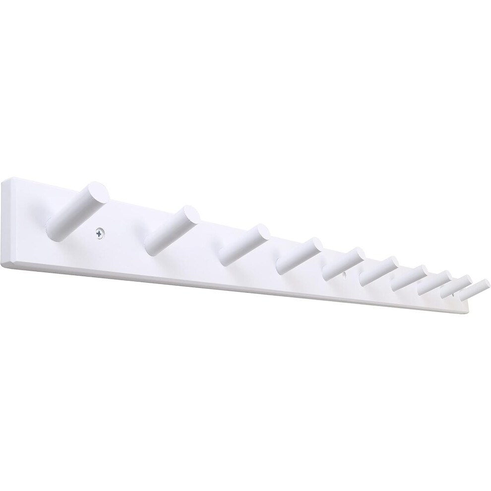(1, White) Wood Coat Rack Wall Mounted,10 Peg Long Bamboo Hook for Hanging Backpack Coat Towel Hat,16'' Hole to Hole,White