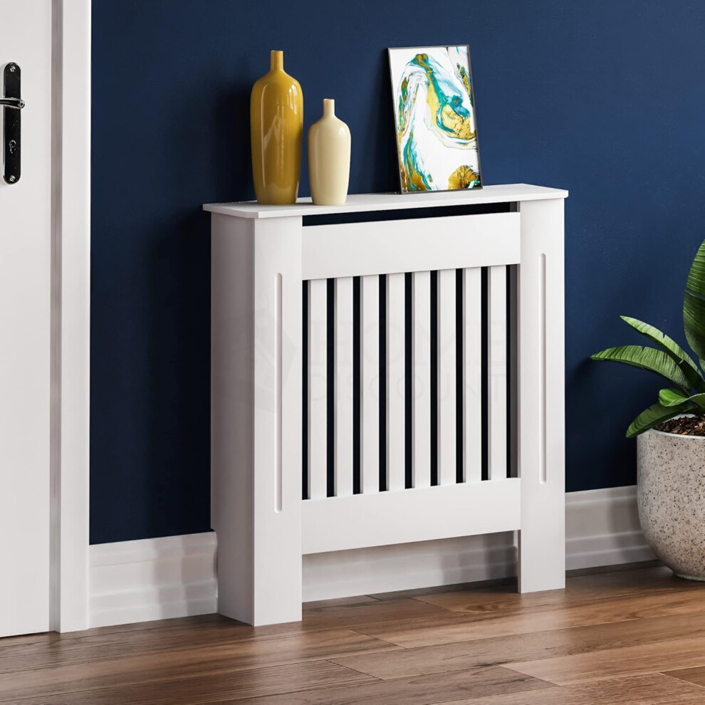 (Small, White) Chelsea Radiator Cover With Modern Slats White Decorative Heater Cover with Shelf, Small