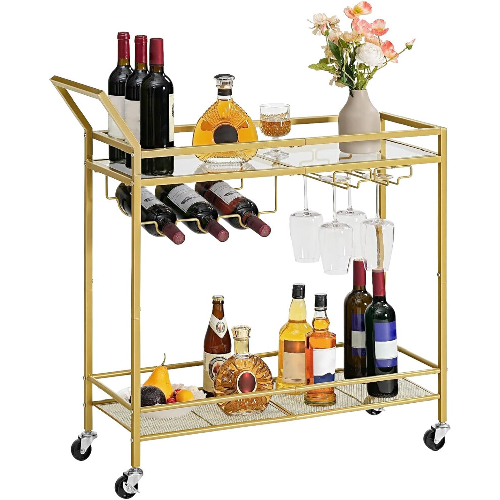 Bar Cart, Bar Trolley, Kitchen Trolley on Wheels, Serving Trolley with Glass Shelf, Wine Rack and Glass Holder, Home Bar Serving Cart for Dining Room