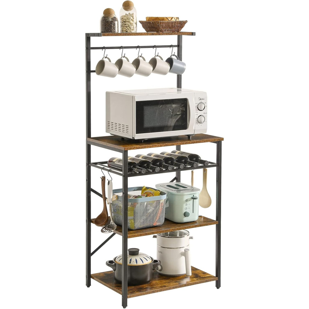 (59 x 40 x 143CM, Rustic Brown) Microwave Oven Stand with Storage Shelves, Industrial Coffee Bar Station, with Adjustable Wine Holders and S-Hooks, Metal Frame, Rustic Brown