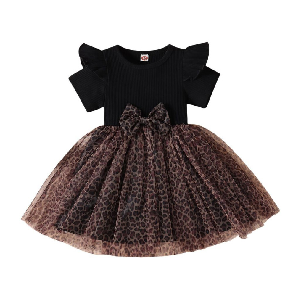 (black, 12-18 Months) Kids Girls Casual Dress, Short Sleeve Leopard Printed Ruffled Bowknot Mesh Patchwork Dress