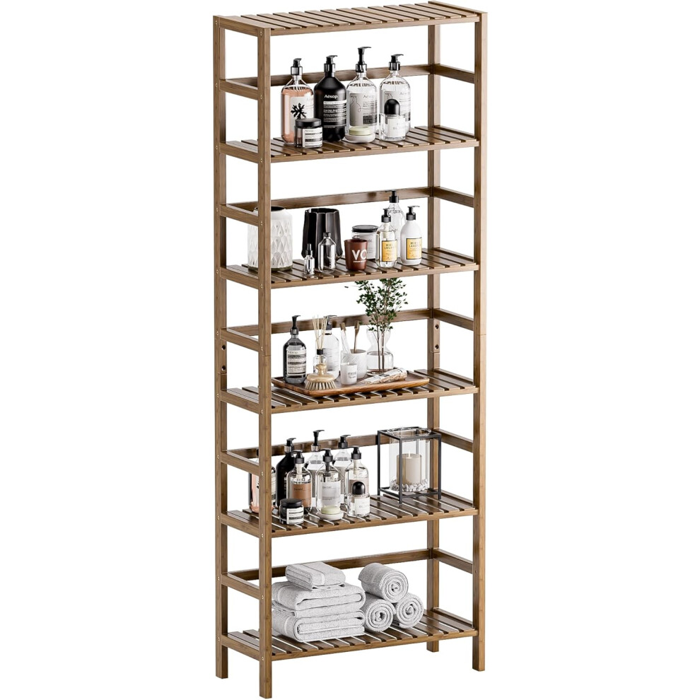 (Walnut) Bookcase, Bamboo Bookshelf, 6-Tier Adjustable Tall Open Book Shelf, Free Standing Storage Shelves Organizer, Flower Plant Display Stand, Walnut