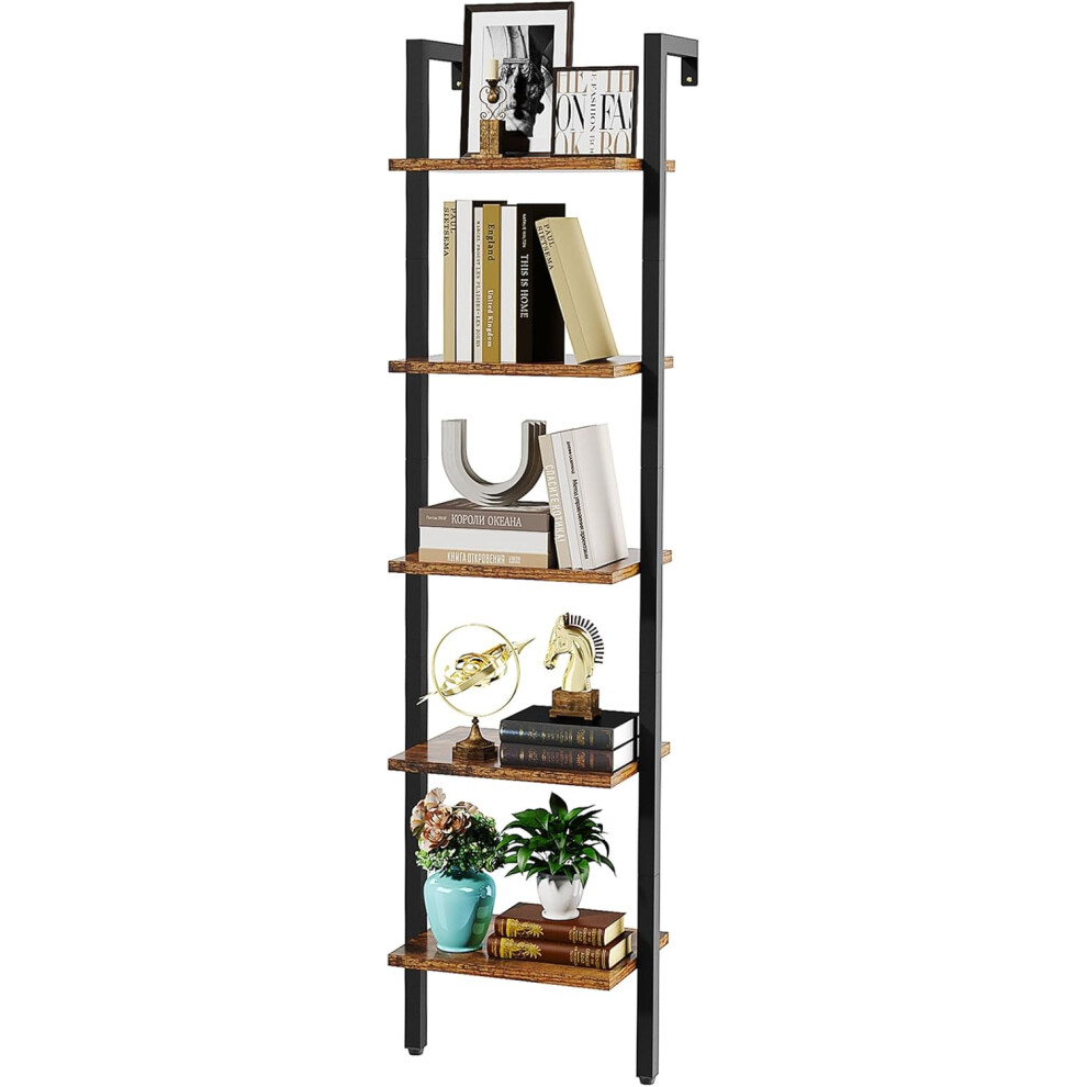 (Rustic Brown) Bookshelf Wall Mounted, Ladder Shelf, 5-Tier Bookcase Rack, Storage Unit with Metal Frame, Industrial Floating Wall Shelf for Living Room,