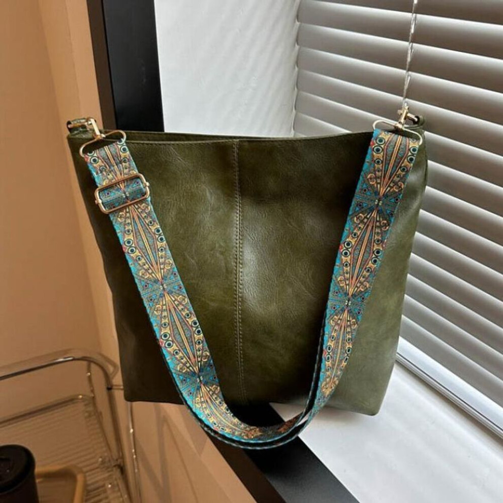 (green) Vintage Shoulder Bag For Women Pu Leather Bucket Bag Luxury Style Crossbody Bag Lady Messenger Bag Shopping Tote Purse